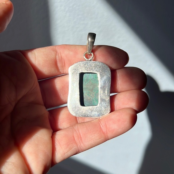 Sterling Silver 925 Malachite Chrysocolla XL Large Heavy Handmade Unique Pendant - Picture 3 of 3